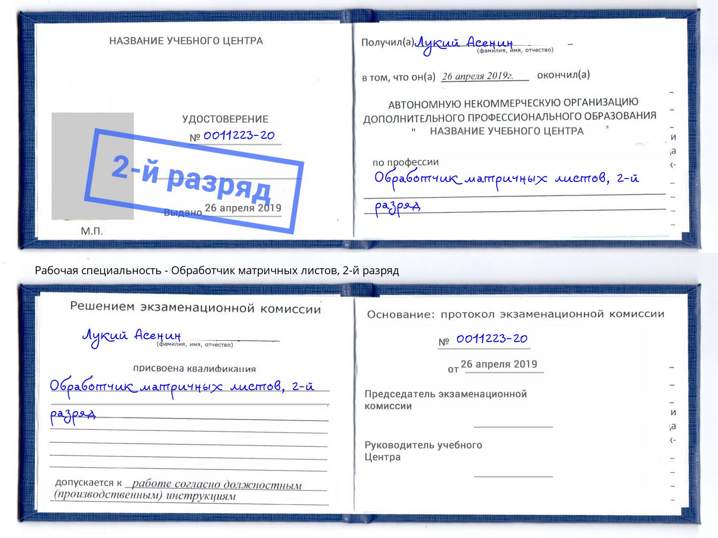 корочка 2-й разряд Обработчик матричных листов Мытищи